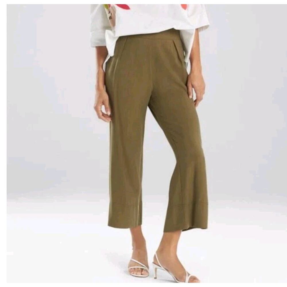 NEW Natori Sanded Twill Cropped Pull On Pants Size M Olive Green Wide Leg $228